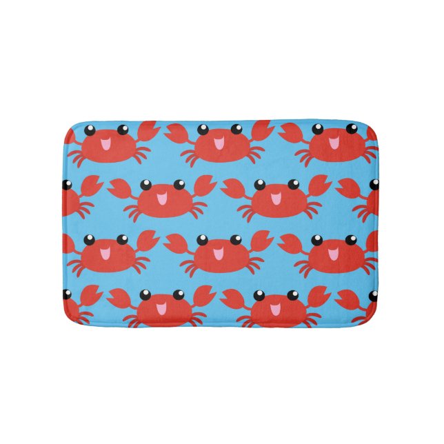 Cute Happy Red Crab Pattern on Blue Bath Mat (Front)