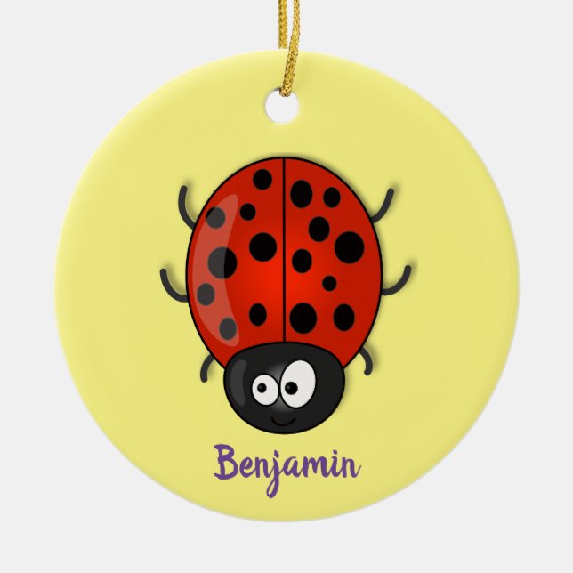 Cute happy red ladybug cartoon illustration ceramic ornament (Front)
