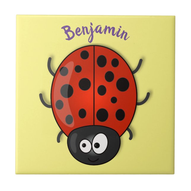 Cute happy red ladybug cartoon illustration ceramic tile (Front)