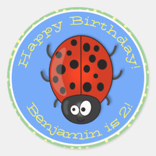 Cute happy red ladybug cartoon illustration classic round sticker