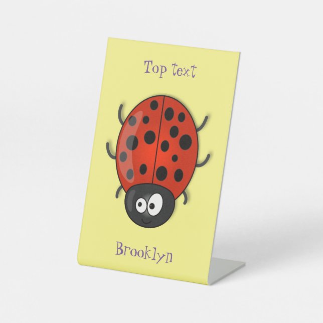 Cute happy red ladybug cartoon illustration pedestal sign (Front)