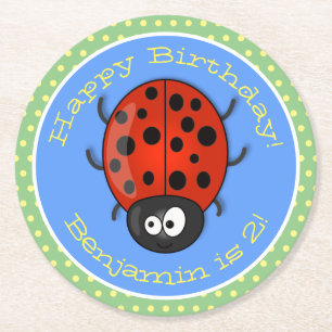 Cute happy red ladybug cartoon illustration round paper coaster