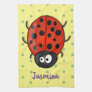 Cute happy red ladybug cartoon illustration tea towel