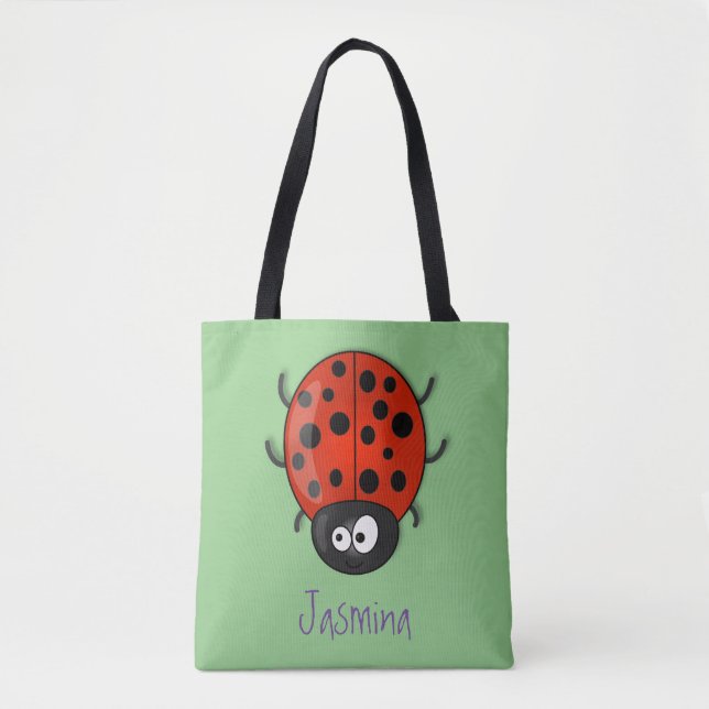 Cute happy red ladybug cartoon illustration tote bag (Front)