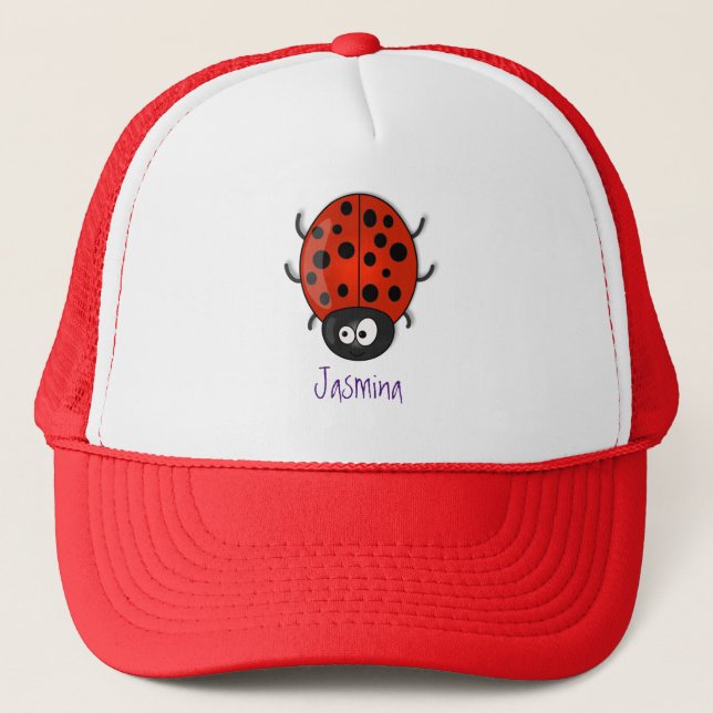 Cute happy red ladybug cartoon illustration trucker hat (Front)