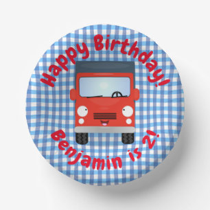 Cute happy red truck cartoon illustration paper plate
