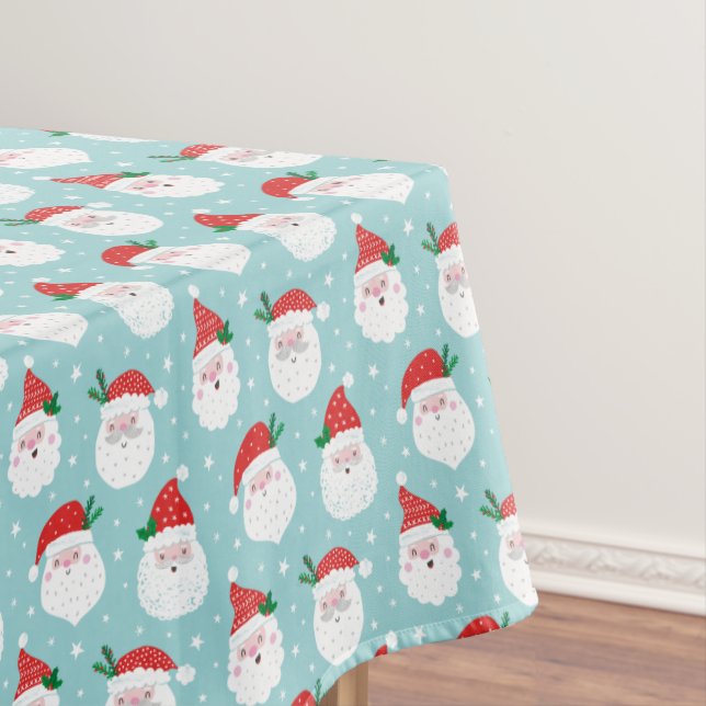Cute Happy Santa heads on mint Tablecloth (In Situ)
