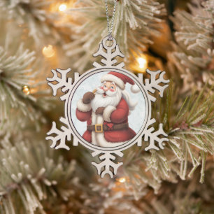 Cute Happy Santa Snowflake Pewter Christmas Ornament