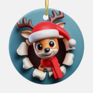 Cute Happy Santa's Reindeer Bursting Out  Ceramic Ornament