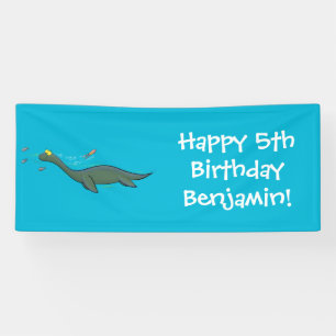 Cute, happy sea monster plesiosaur cartoon banner