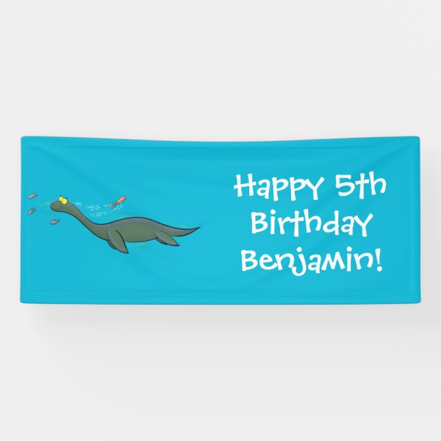 Cute, happy sea monster plesiosaur cartoon banner (Horizontal)