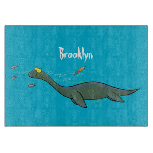 Cute, happy sea monster plesiosaur cartoon cutting board