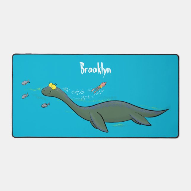Cute, happy sea monster plesiosaur cartoon desk mat (Front)