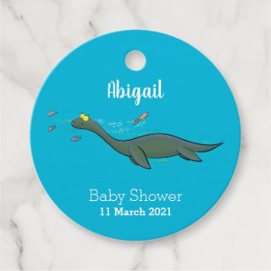 Cute, happy sea monster plesiosaur cartoon favour tags