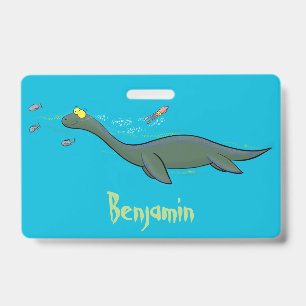 Cute, happy sea monster plesiosaur cartoon ID badge