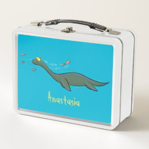 Cute, happy sea monster plesiosaur cartoon metal lunch box