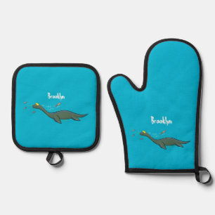 Cute, happy sea monster plesiosaur cartoon oven mitt & pot holder set