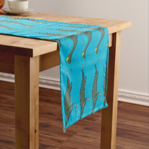 Cute, happy sea monster plesiosaur cartoon short table runner