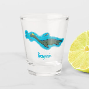 Cute, happy sea monster plesiosaur cartoon shot glass