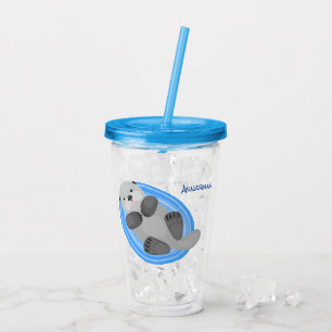 Cute happy sea otter blue cartoon illustration acrylic tumbler