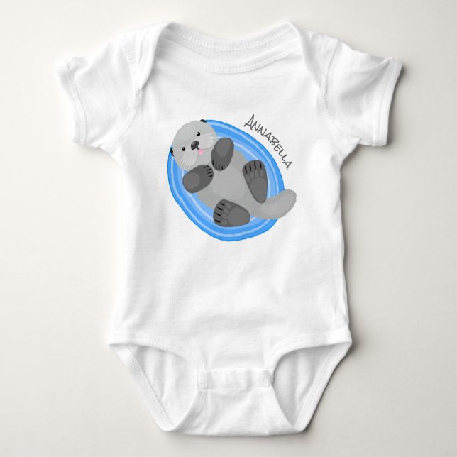Cute happy sea otter blue cartoon illustration baby bodysuit (Front)