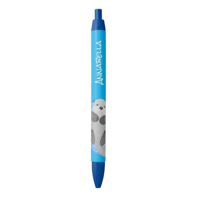 Cute happy sea otter blue cartoon illustration black ink pen (Front Vertical)