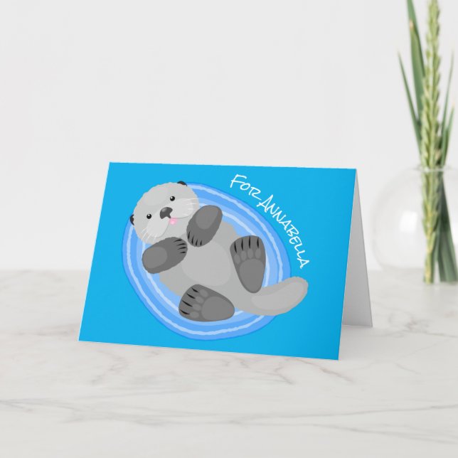 Cute happy sea otter blue cartoon illustration card (Front)