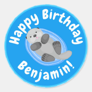 Cute happy sea otter blue cartoon illustration classic round sticker