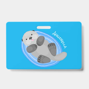 Cute happy sea otter blue cartoon illustration ID badge