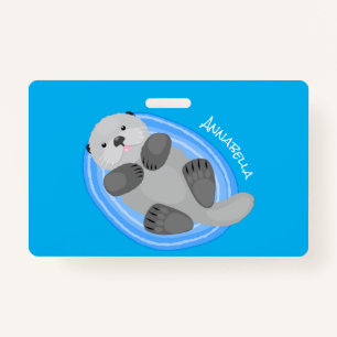 Cute happy sea otter blue cartoon illustration ID badge
