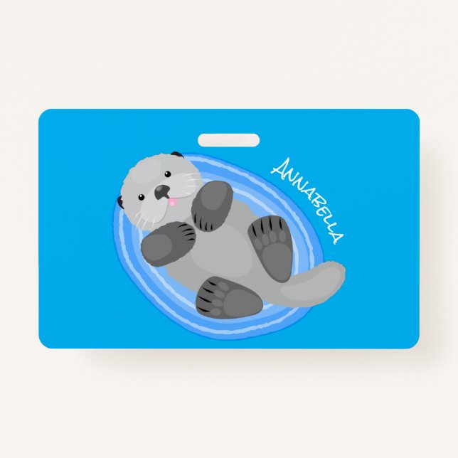 Cute happy sea otter blue cartoon illustration ID badge (Front)