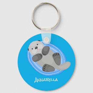 Cute happy sea otter blue cartoon illustration key ring