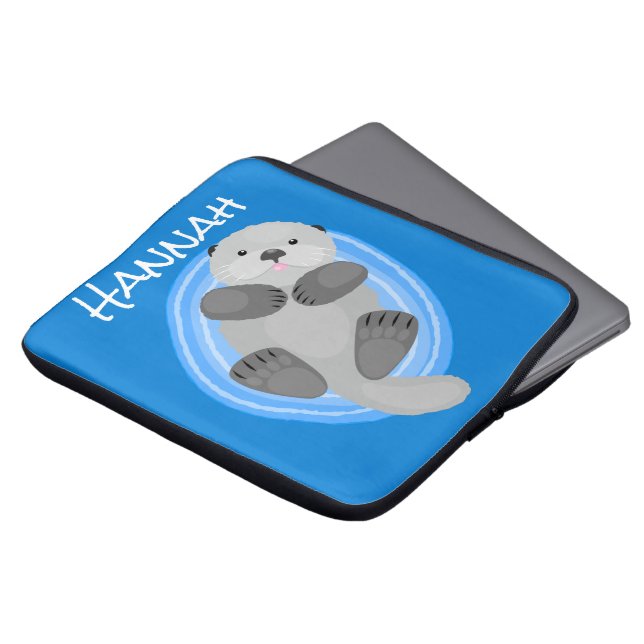 Cute happy sea otter blue cartoon illustration laptop sleeve (Front Top)