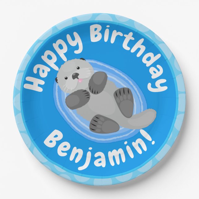 Cute happy sea otter blue cartoon illustration paper plate (Front)