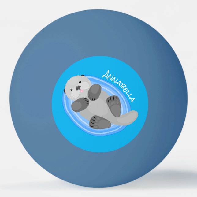 Cute happy sea otter blue cartoon illustration ping pong ball (Front)