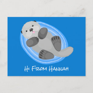 Cute happy sea otter blue cartoon illustration postcard