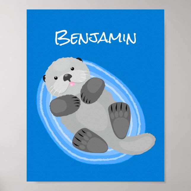 Cute happy sea otter blue cartoon illustration poster (Front)