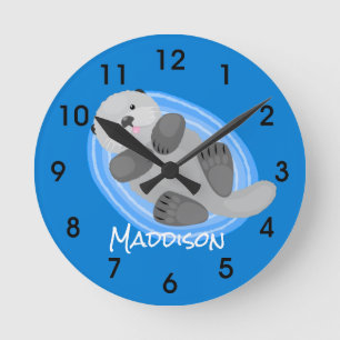 Cute happy sea otter blue cartoon illustration round clock