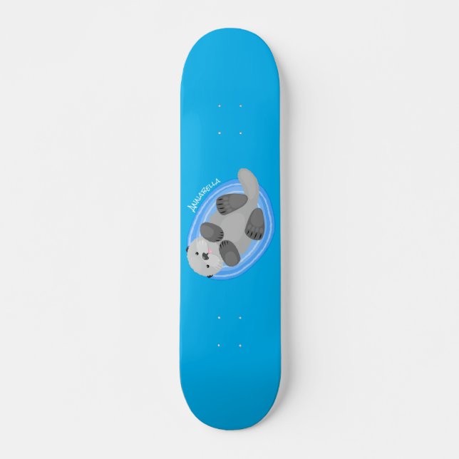 Cute happy sea otter blue cartoon illustration skateboard (Front)