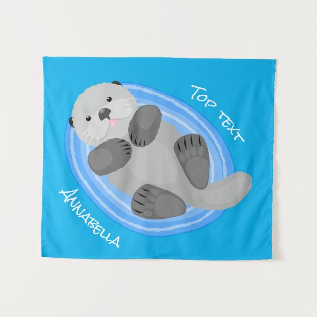 Cute happy sea otter blue cartoon illustration  tapestry (Front (Horizontal))