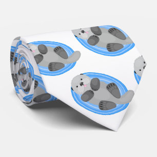 Cute happy sea otter blue cartoon illustration tie