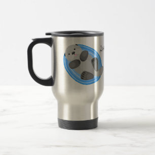 Cute happy sea otter blue cartoon illustration travel mug