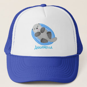 Cute happy sea otter blue cartoon illustration trucker hat