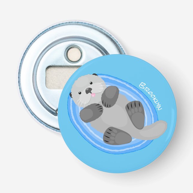 Cute happy sea otter cartoon illustration bottle opener (Front)