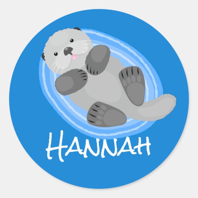 Cute happy sea otter cartoon illustration classic round sticker (Front)