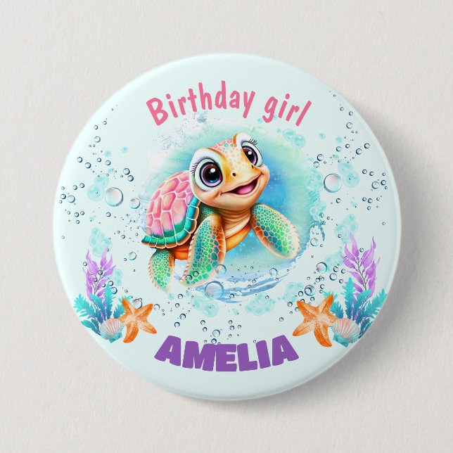 Cute Happy Sea Turtle Colourful 1st Birthday 7.5 Cm Round Badge (Front)