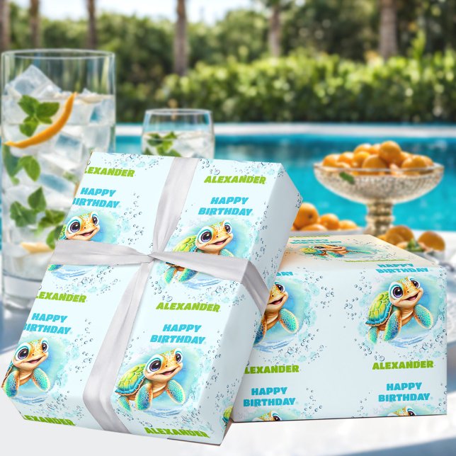 Cute Happy Sea Turtle Name Little Boy Birthday  Wrapping Paper (Cute Happy Sea Turtle Name Little Boy Birthday Wrapping Paper)