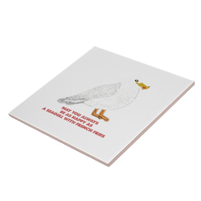 Cute happy seagull with French fries Ceramic Tile (Side)