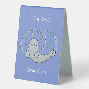 Cute happy seal and fish blue cartoon illustration