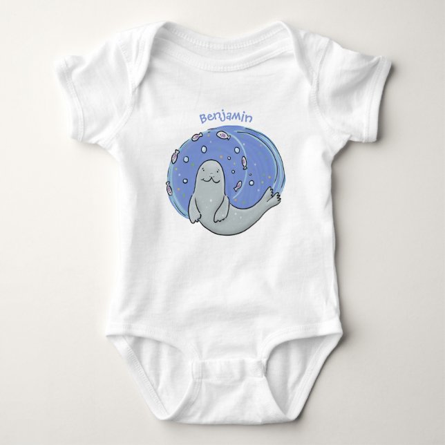 Cute happy seal and fish blue cartoon illustration baby bodysuit (Front)